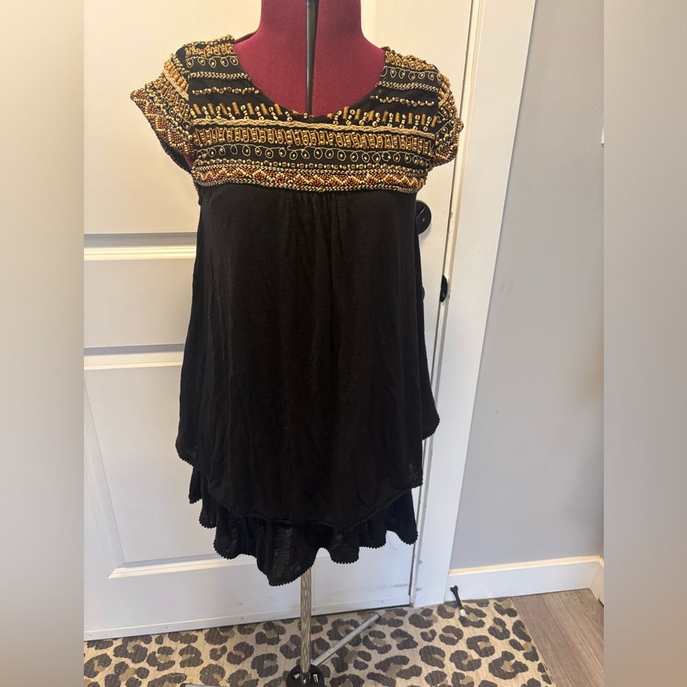 Free People Black Tunic with Gold Embroidery. Size small